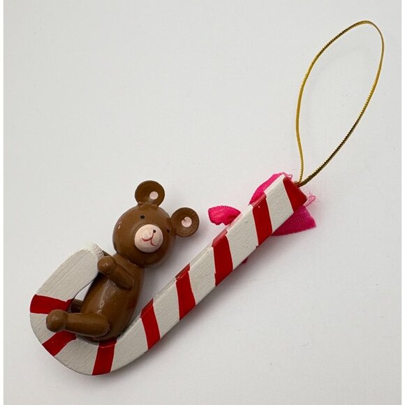 Vintage Christmas Bear Tree Ornament Wooden Hugging Candy Cane 3.5 Inch - Picture 4 of 6